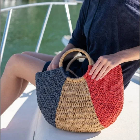 MERSEA - BON BON BAG - NAVY/RED - Summer Straw Bag with Tassels. Coastal - Picture 3 of 7